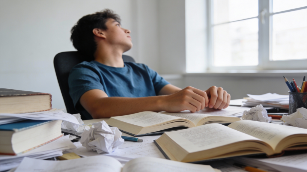 Studente seduto alla scrivania con libri in un momento di affaticamento