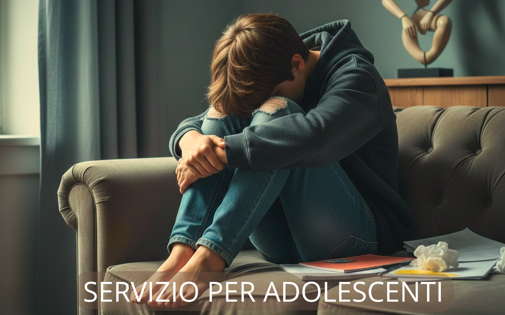 Adolescente seduto sul divano con postura chiusa in un momento di forte disagio emotivo