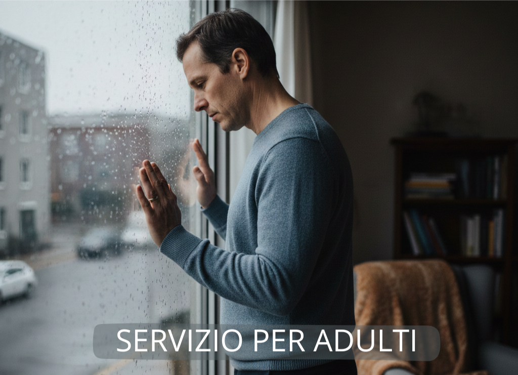 Persona adulta vicino a una finestra in un momento di riflessione e difficoltà emotiva