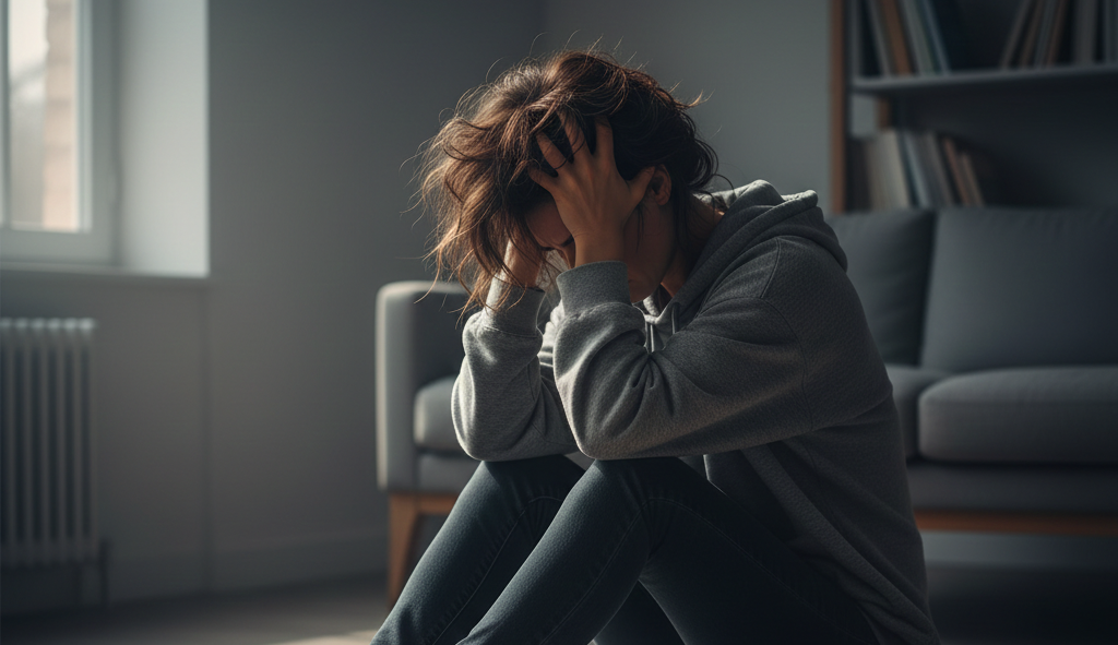 Persona seduta con le mani tra i capelli in un momento di forte tensione emotiva