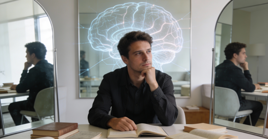 Persona seduta con rappresentazione grafica del cervello in un contesto clinico